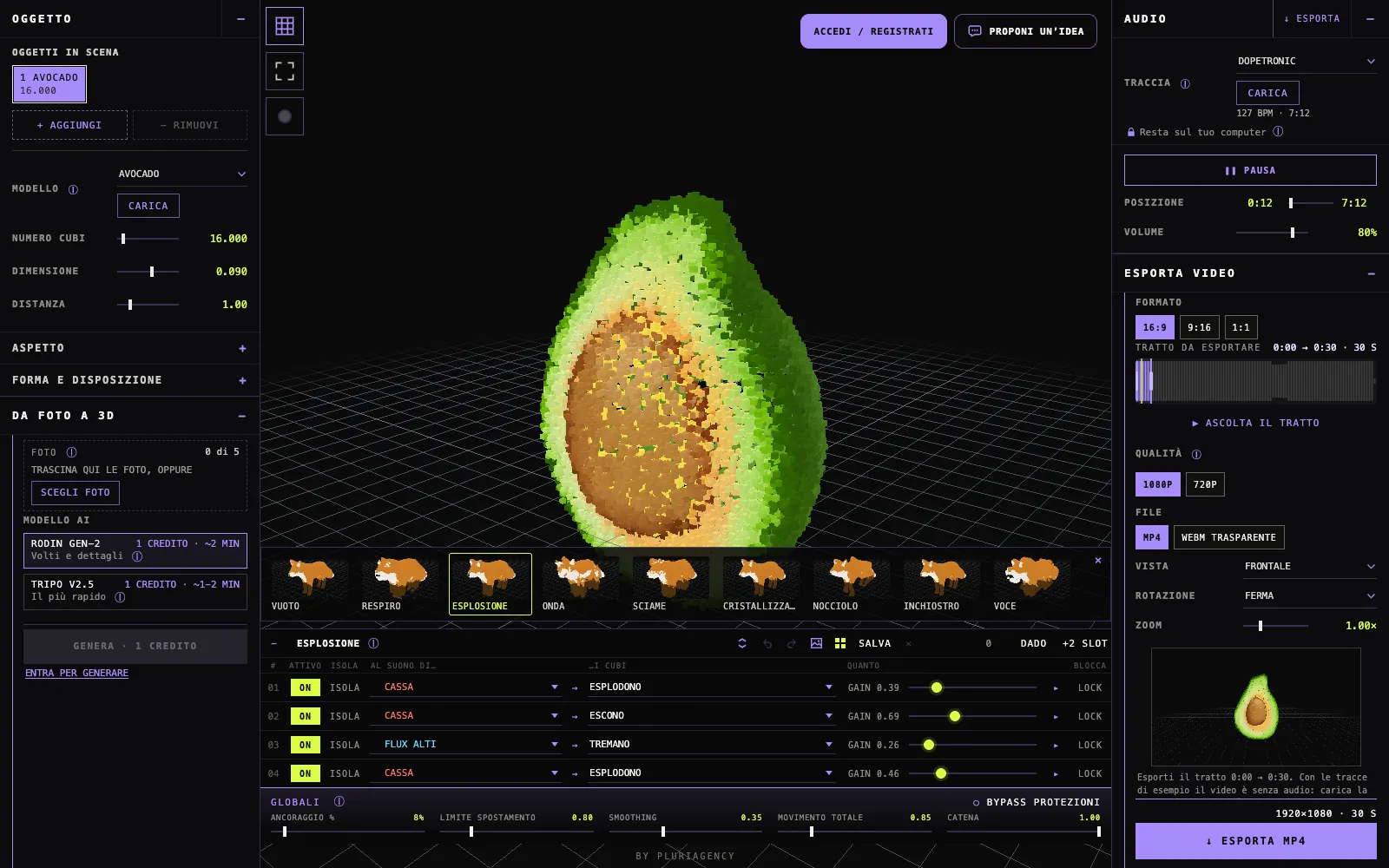 L'interfaccia del Music Visualizer su desktop: Oggetto e Da foto a 3D a sinistra, Audio ed Esporta video a destra, preset e mixer sotto la scena con l'avocado di cubi